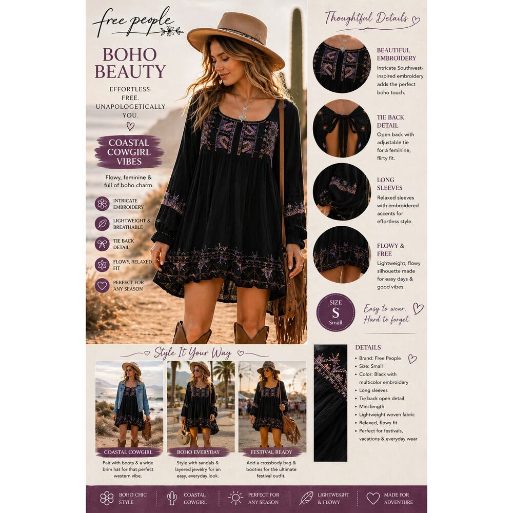 Free People Rhiannon Embroidered Babydoll Mini Dress Small Black Multi Boho